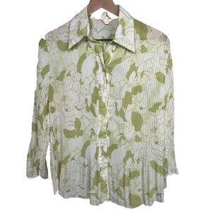 Xing Yuan Top Button Up Crinkle Bell Sleeve Blouse Green White Large Romantic‎